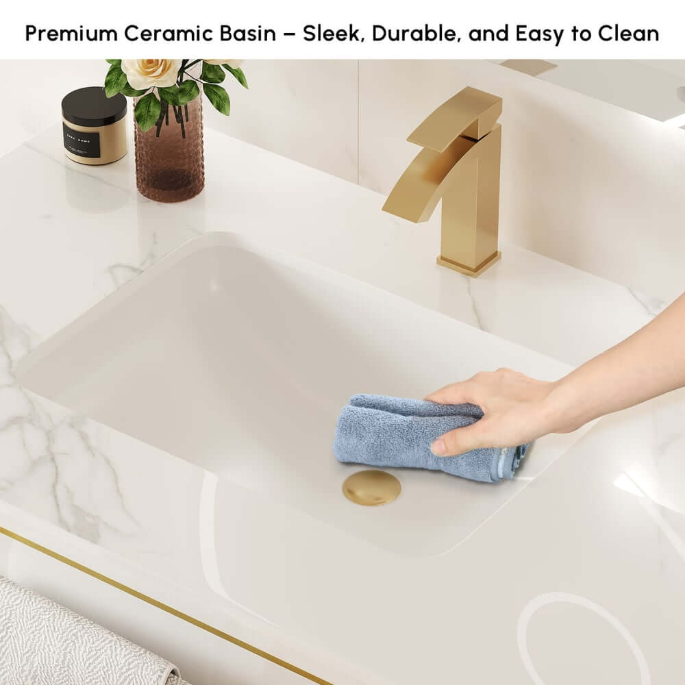 36" Modern White & Walnut Floating Vanity with Sintered Stone Top