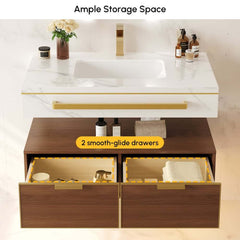 36" Modern White & Walnut Floating Vanity with Sintered Stone Top