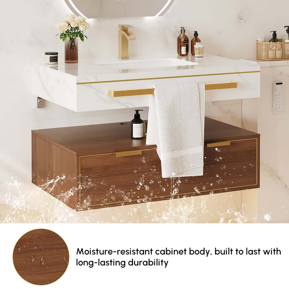 36" Modern White & Walnut Floating Vanity with Sintered Stone Top