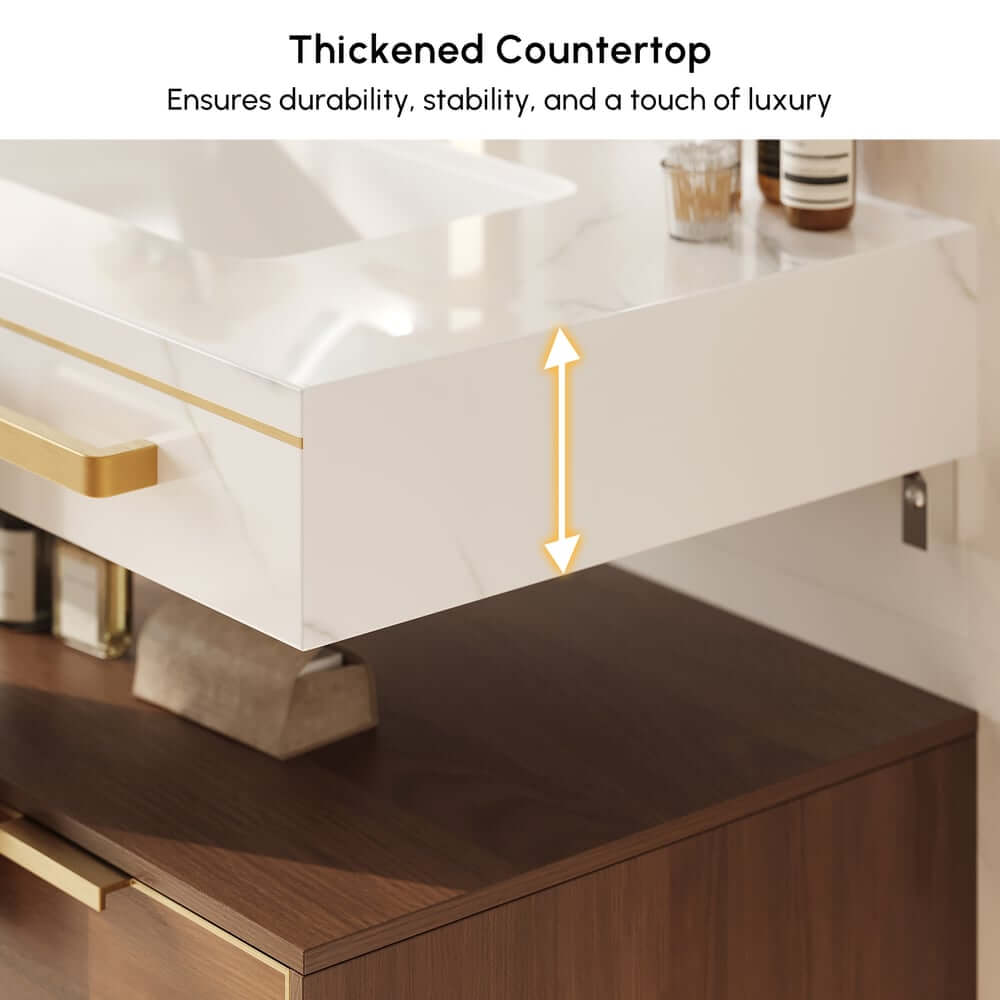 36" Modern White & Walnut Floating Vanity with Sintered Stone Top