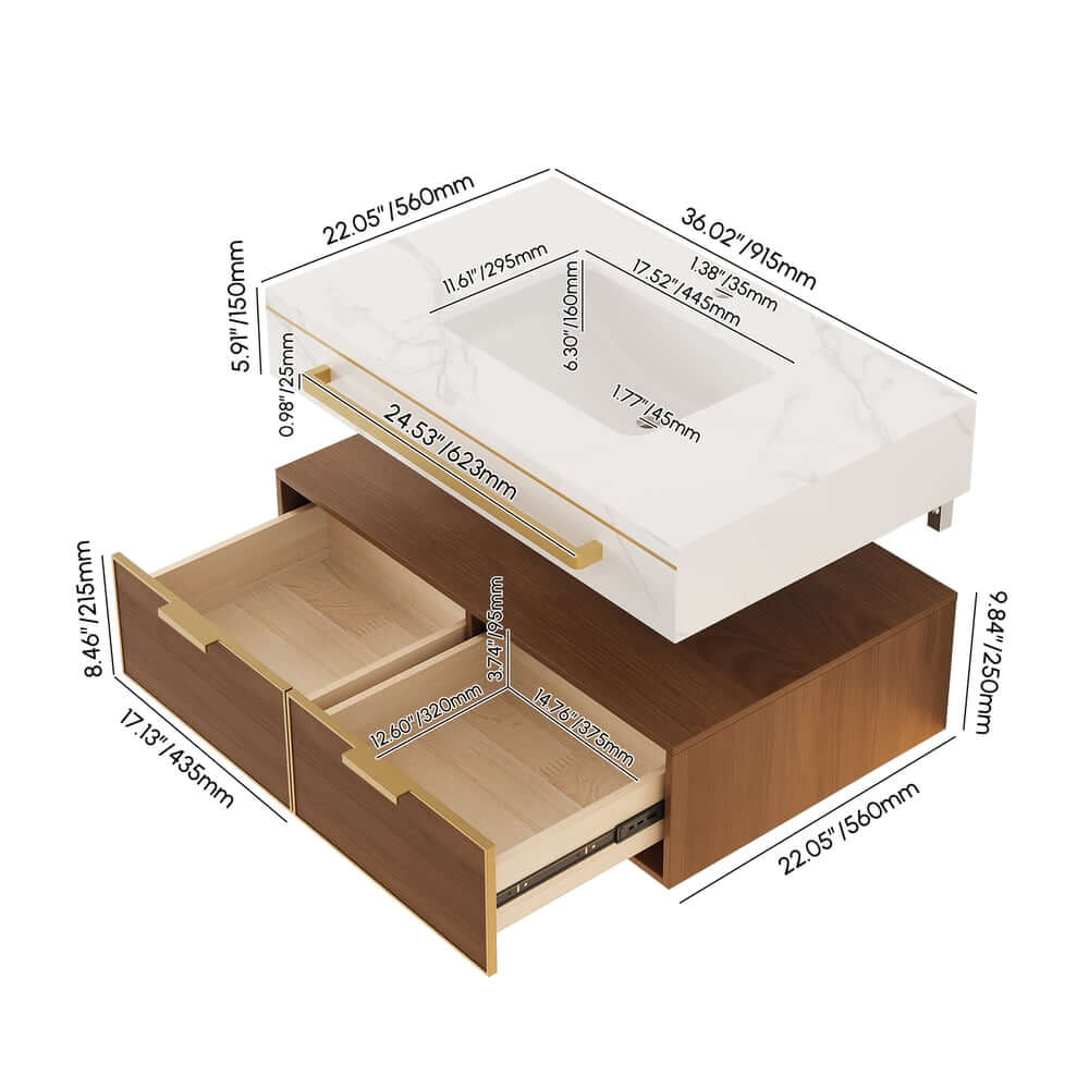 36" Modern White & Walnut Floating Vanity with Sintered Stone Top Dimensions