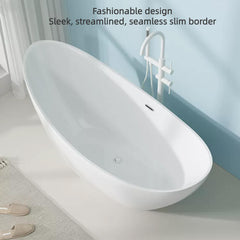 Stylish white acrylic soaker bathtub with a unique moon shape, perfect for contemporary bathrooms.