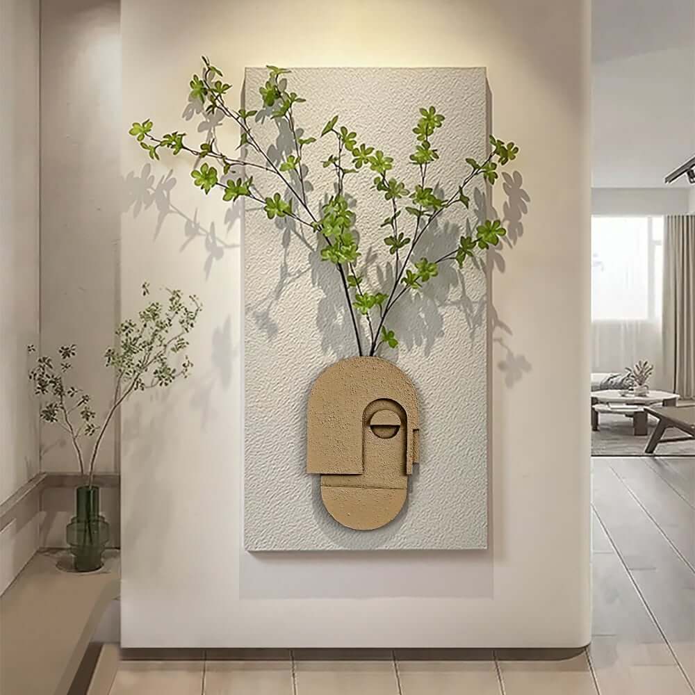 3D Wall-Mounted Artificial Plant with Sandstone Panel and Green Foliage