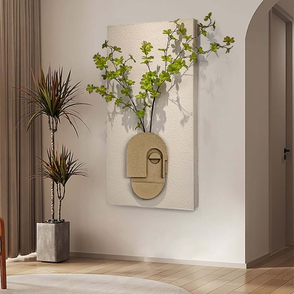 3D Wall-Mounted Artificial Plant with Sandstone Panel and Green Foliage