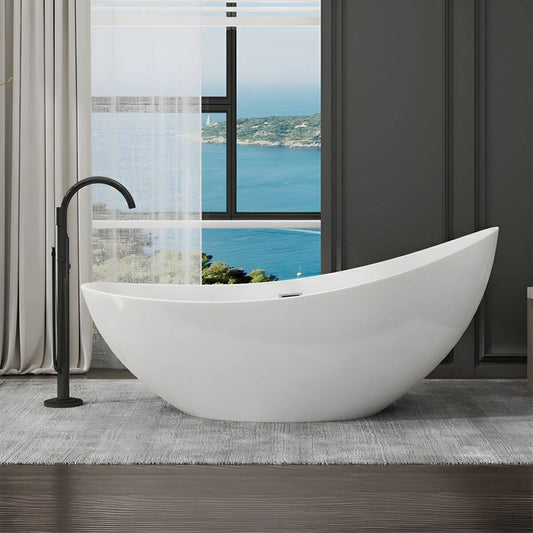 White modern freestanding acrylic soaking slipper bathtub with anti-overflow design, 71 by 31 by 24 inches