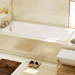 White Cast Iron Rectangular Drop-in Bathtub with Back to Wall Design, Slip Resistant, Valve, and Overflow Hole, Tub, With Arm, 59"L x 28"W x 16"H Bathtubs