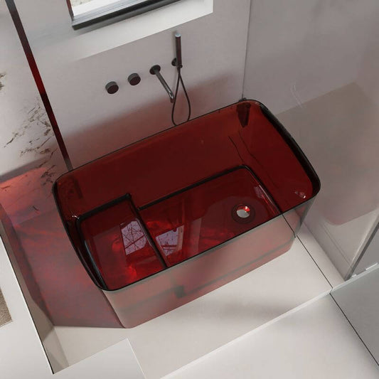 Freestanding ink resin bathtub with seat, rectangular design, simplistic back-to-wall soaking tub