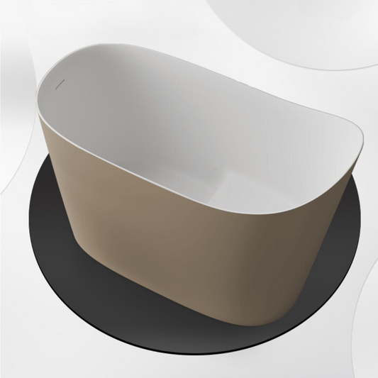 Light brown freestanding Japanese soaking bathtub made of stone resin, 43 inches deep and modern design