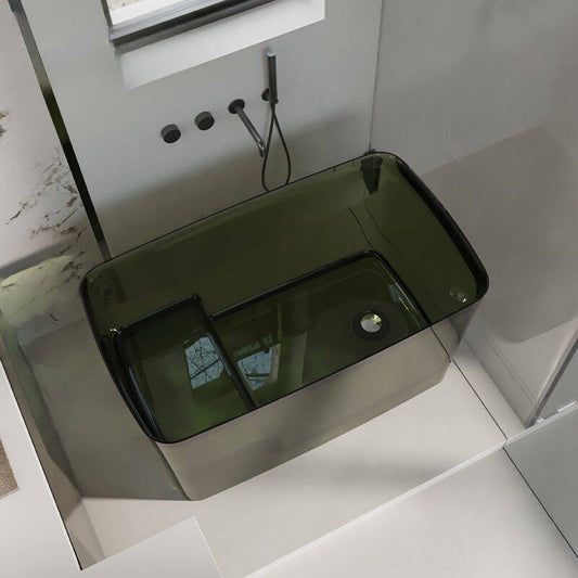 Freestanding ink resin bathtub with seat, rectangular design, simplistic back-to-wall soaking tub