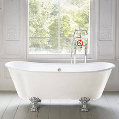 Clawfoot Bathtub with Porcelain Enameled Cast Iron, Roll Top, Oval Shape, Casual Style & Soaking Therapy, Blue-White, Tub Bathtubs