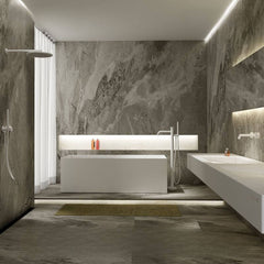 Coal Stone Freestanding Bathtub with Rectangle Casual Back to Wall Soaking Design Bathtubs