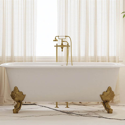 Clawfoot Bathtub in Porcelain Enameled Cast Iron with 2 Handles, Roll Top, Compression Faucet, Oval Shape, Valve & Contemporary Style, White-Gold, Tub with Wall Mounted Faucets, 72"L x 31"W x 25"H Bathtubs
