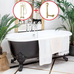 Clawfoot Bathtub in Porcelain Enameled Cast Iron with 2 Handles, Roll Top, Compression Faucet, Oval Shape, Valve & Contemporary Style, White-Gold, Tub with Wall Mounted Faucets, 72"L x 31"W x 25"H Bathtubs