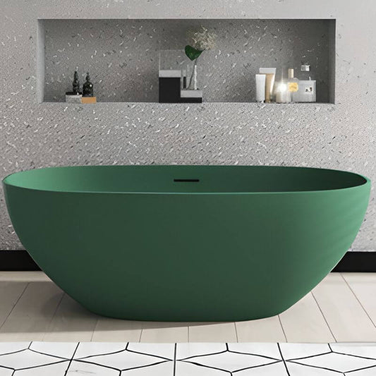 Matte black elliptical freestanding bathtub with roll top soaking design, 59 by 28 inches