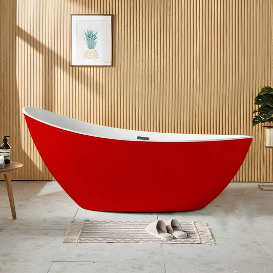 White contemporary freestanding acrylic soaking bathtub with oval slipper design, 59 by 31.5 inches