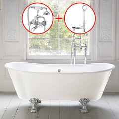Clawfoot Bathtub with Porcelain Enameled Cast Iron, Roll Top, Oval Shape, Casual Style & Soaking Therapy, Blue-White, Tub Bathtubs