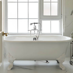 Clawfoot Bathtub in Porcelain Enameled Cast Iron with 2 Handles, Roll Top, Compression Faucet, Oval Shape, Valve & Contemporary Style, White-Gold, Tub with Wall Mounted Faucets, 72"L x 31"W x 25"H Bathtubs