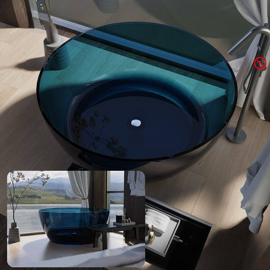 Ink resin orbicular freestanding bathtub with 51 by 51 inch dimensions and 22 inch height