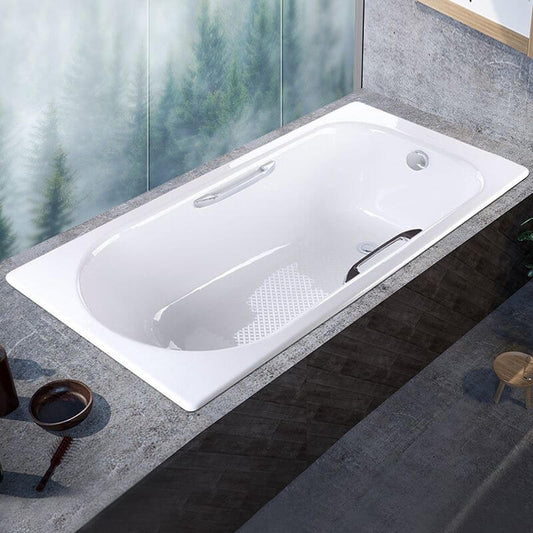 White Cast Iron Rectangular Drop-in Bathtub with Back to Wall Design, Slip Resistant, Valve, and Overflow Hole, Tub, With Arm, 59"L x 28"W x 16"H Bathtubs
