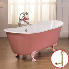 Clawfoot Bathtub with Porcelain Enameled Cast Iron, Roll Top, Oval Shape, Casual Style & Soaking Therapy, Blue-White, Tub Bathtubs