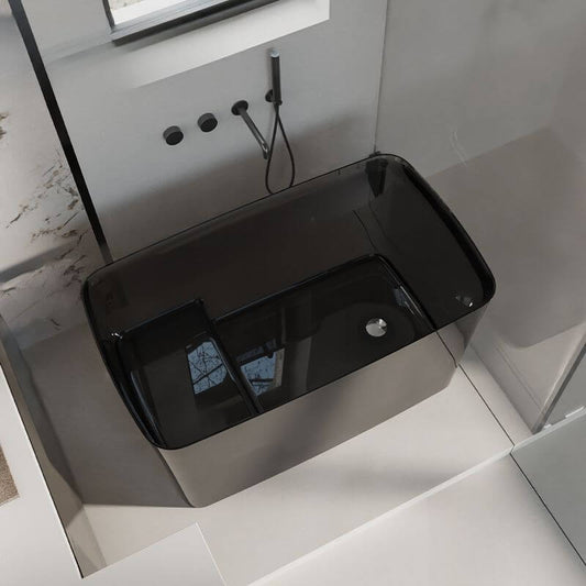 Freestanding ink resin bathtub with seat, rectangular design, simplistic back-to-wall soaking tub