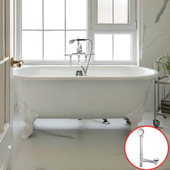 Clawfoot Bathtub in Porcelain Enameled Cast Iron with 2 Handles, Roll Top, Compression Faucet, Oval Shape, Valve & Contemporary Style, White-Gold, Tub with Wall Mounted Faucets, 72"L x 31"W x 25"H Bathtubs