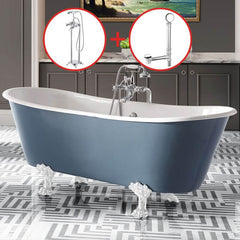 Clawfoot Bathtub with Porcelain Enameled Cast Iron, Roll Top, Oval Shape, Casual Style & Soaking Therapy, Blue-White, Tub Bathtubs