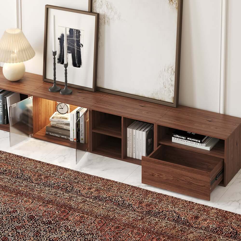 94" Walnut Mid-Century Modern LED TV Stand