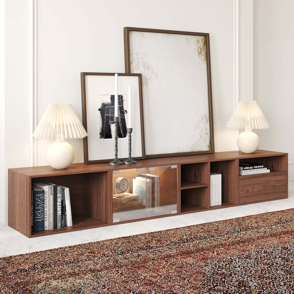 94" Walnut Mid-Century Modern LED TV Stand