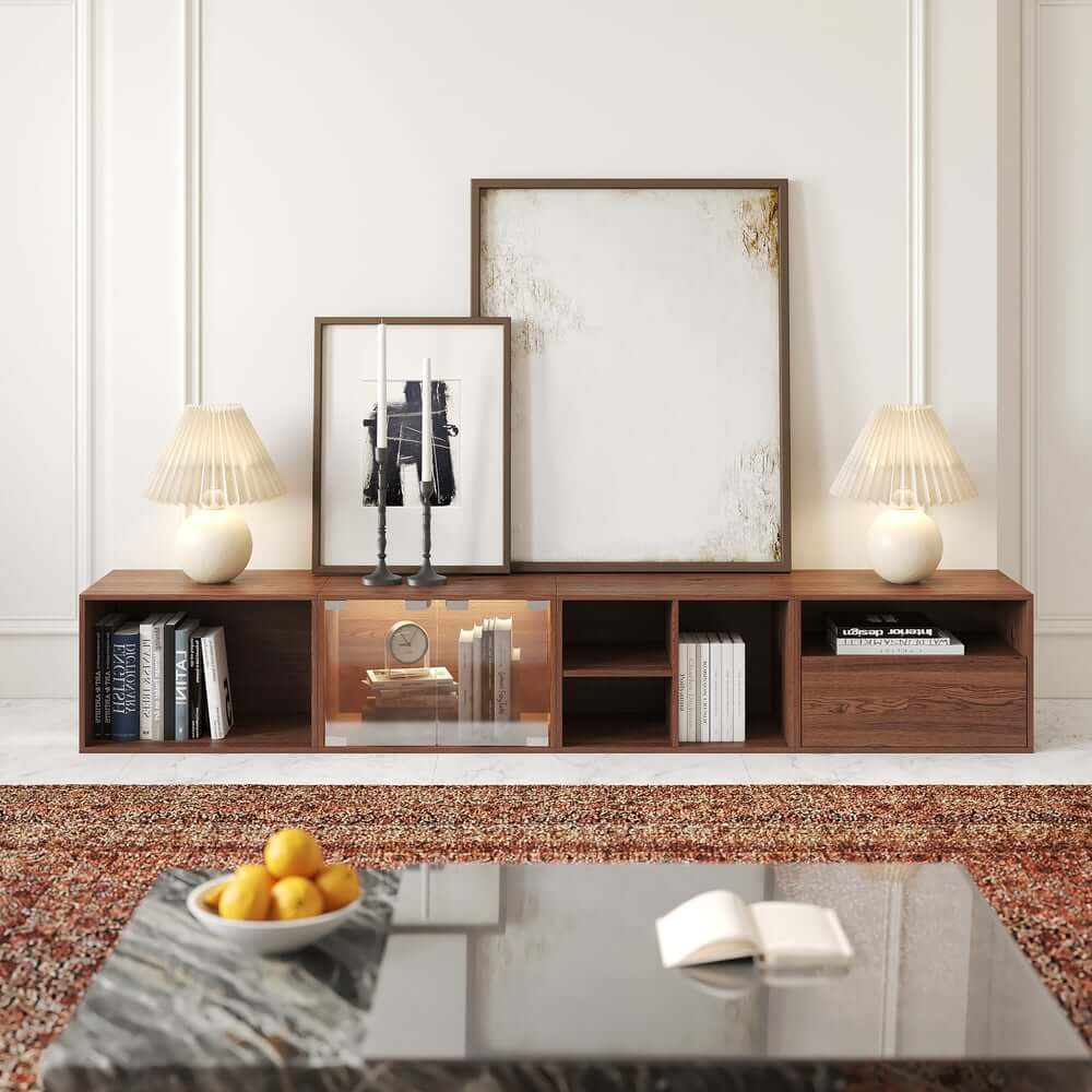 94" Walnut Mid-Century Modern LED TV Stand Main Product Image