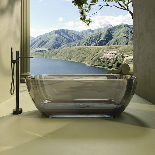 Oval-shaped Ink Resin freestanding bathtub with handle, roll top, and compression faucet, 51 by 28 inches