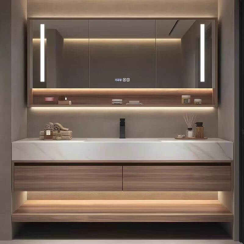 Three-door bathroom vanity showcasing storage space