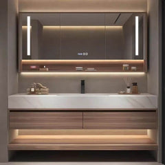 Three-door bathroom vanity showcasing storage space