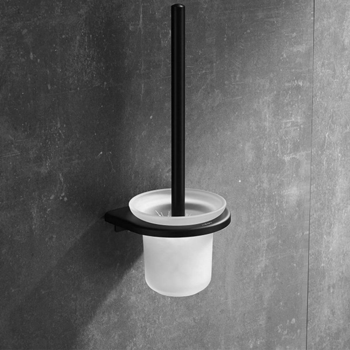 close-up of black bathroom accessories