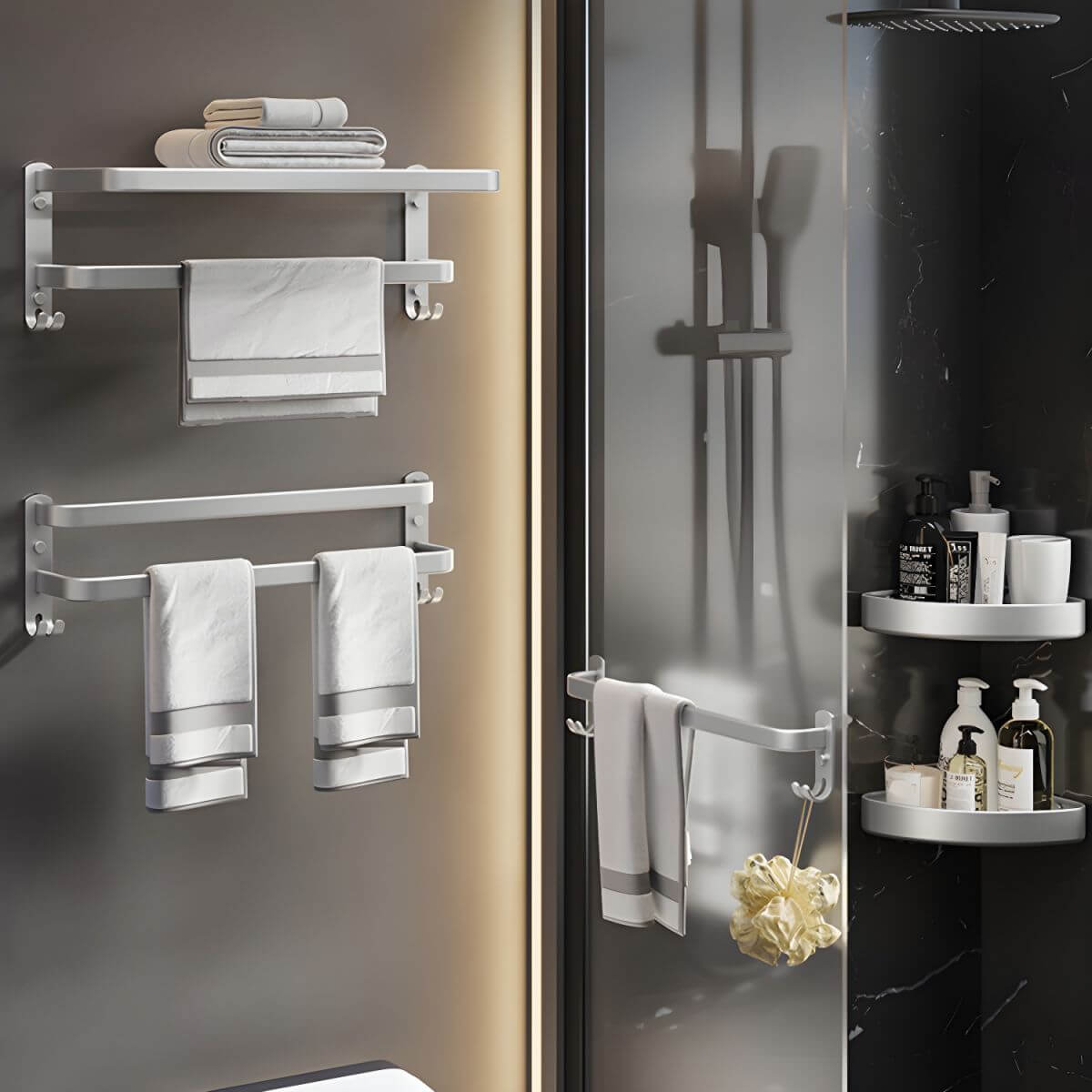 7-Piece Silver Bathroom Accessory Set on display