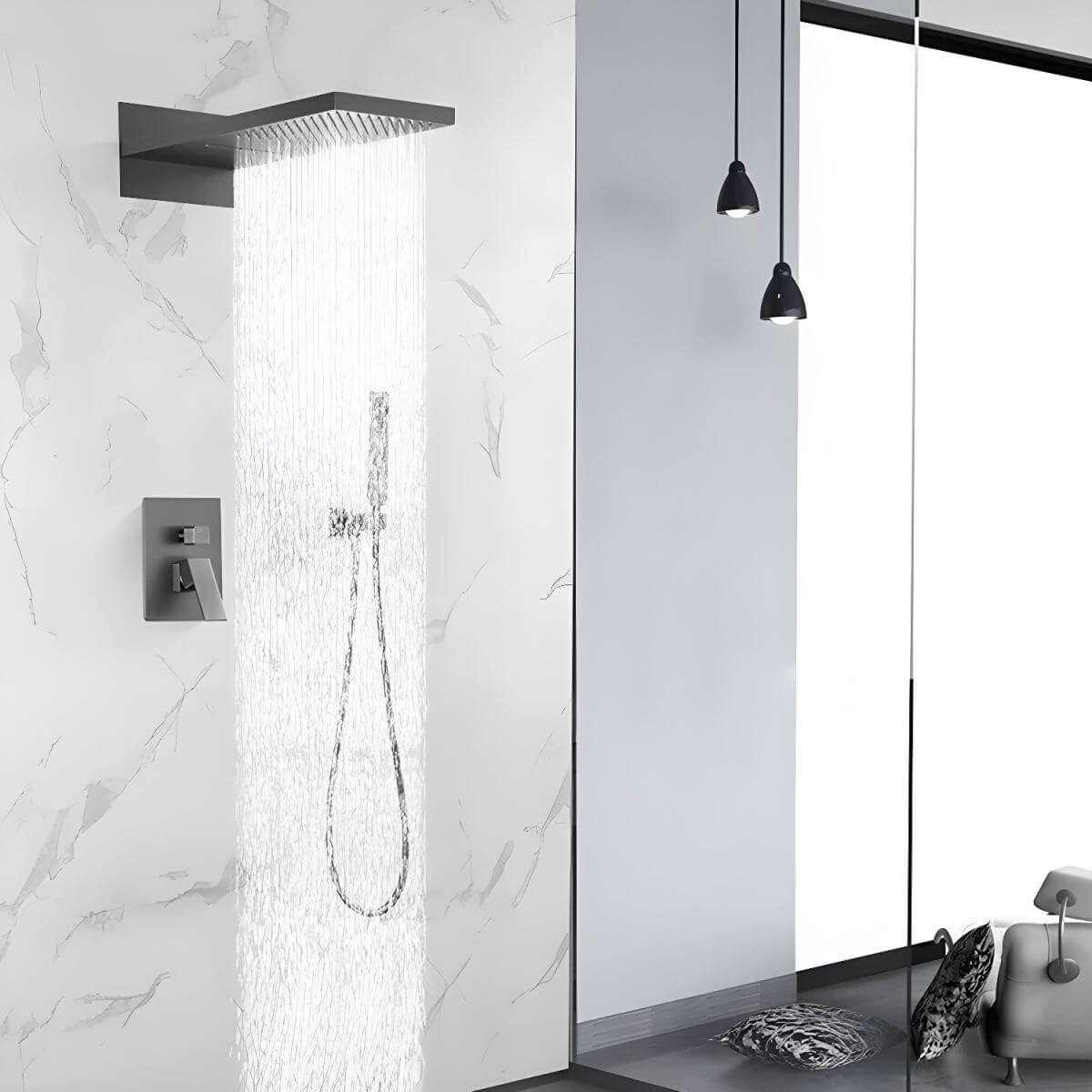 Silver finish shower system in stylish shower