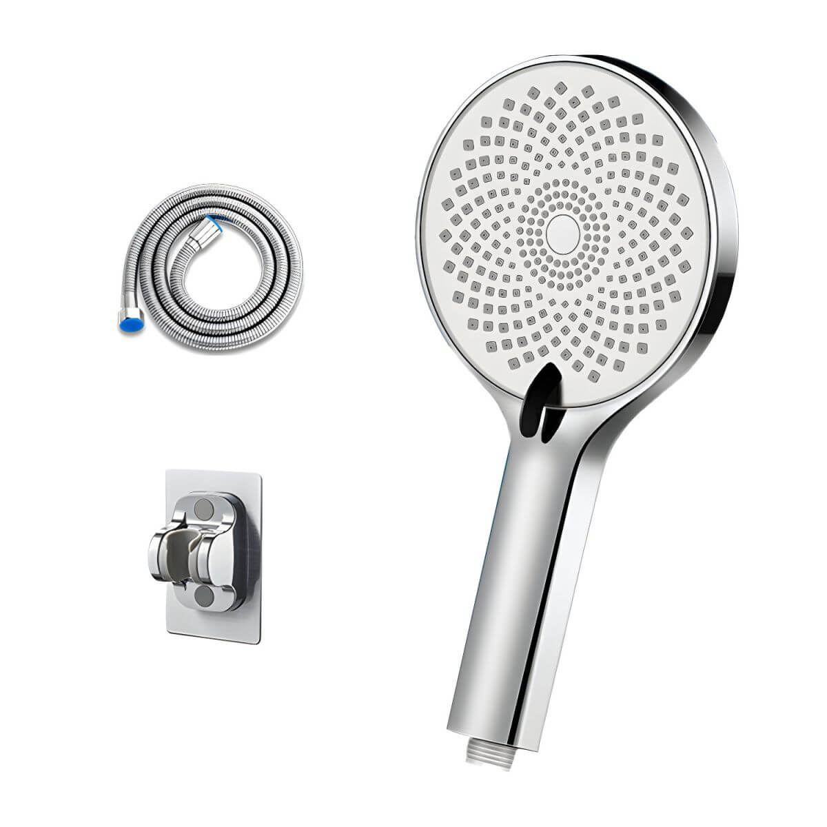 Round handheld shower head in stylish bathroom