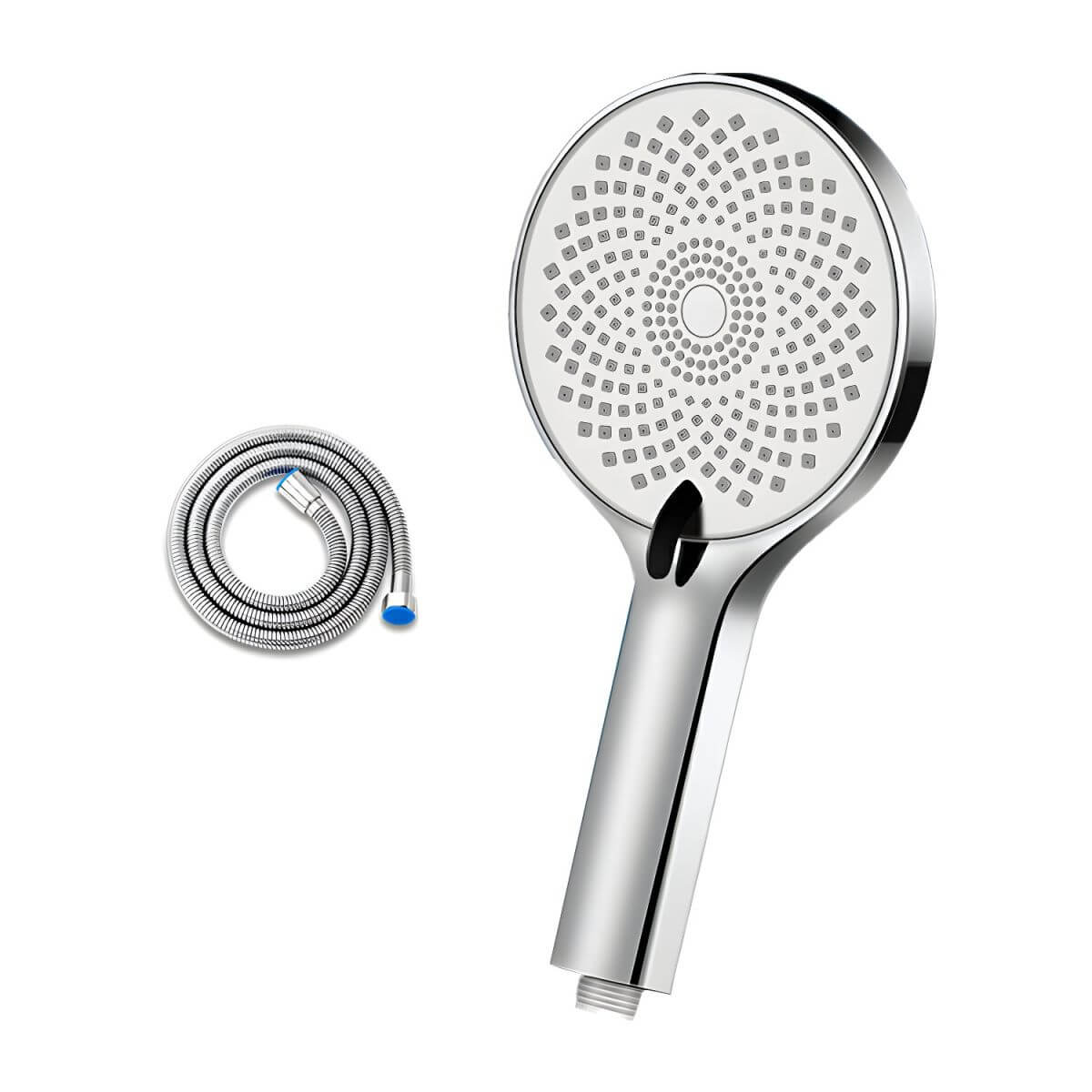 Grey handheld shower head against tiled walls