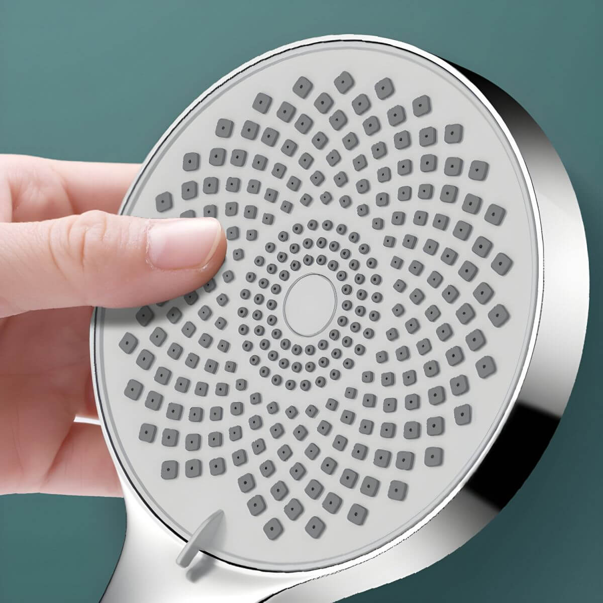 Round handheld shower head in stylish bathroom