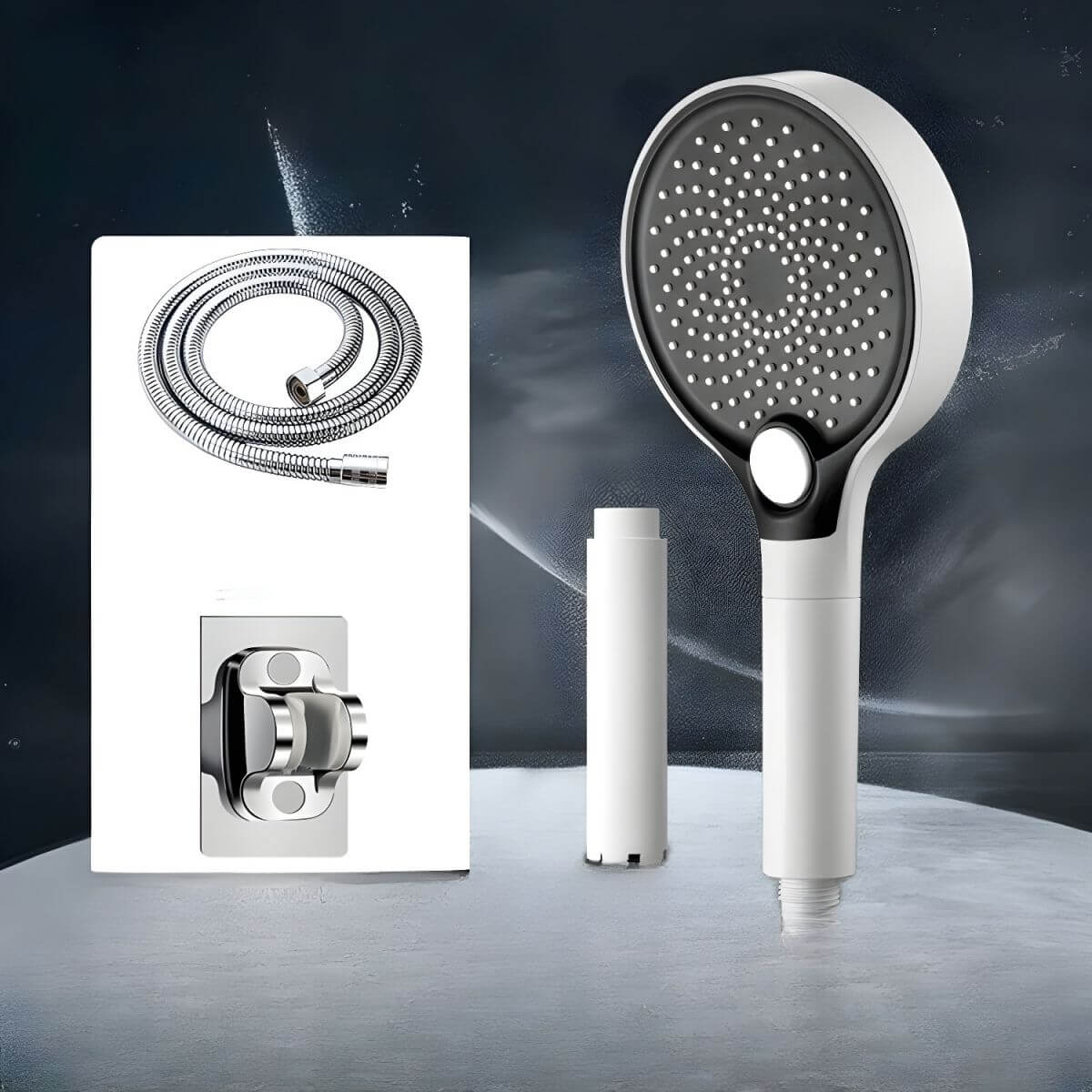 Close-up of handheld shower head in bathroom