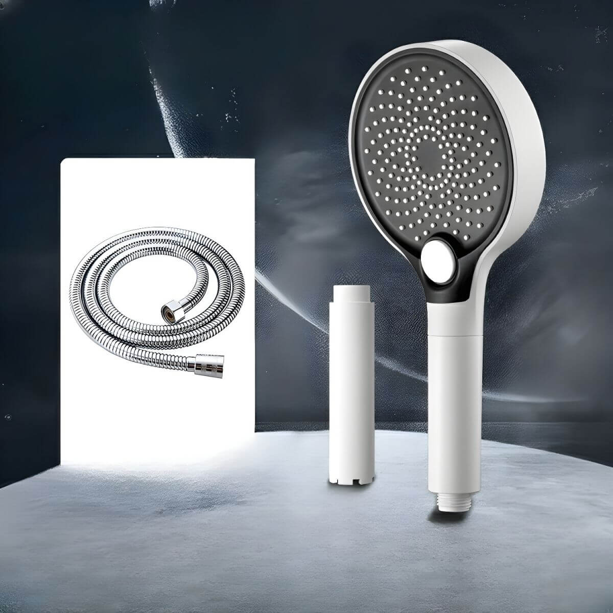 Close-up of handheld shower head in bathroom