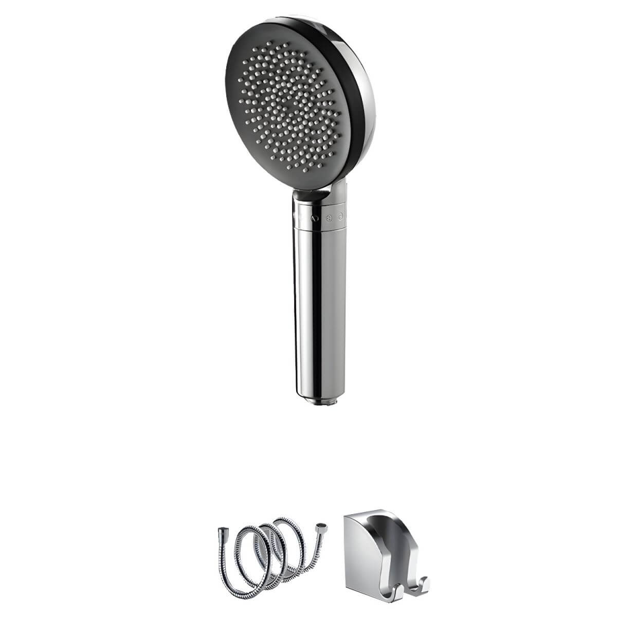 Stylish black handheld shower head in bathroom