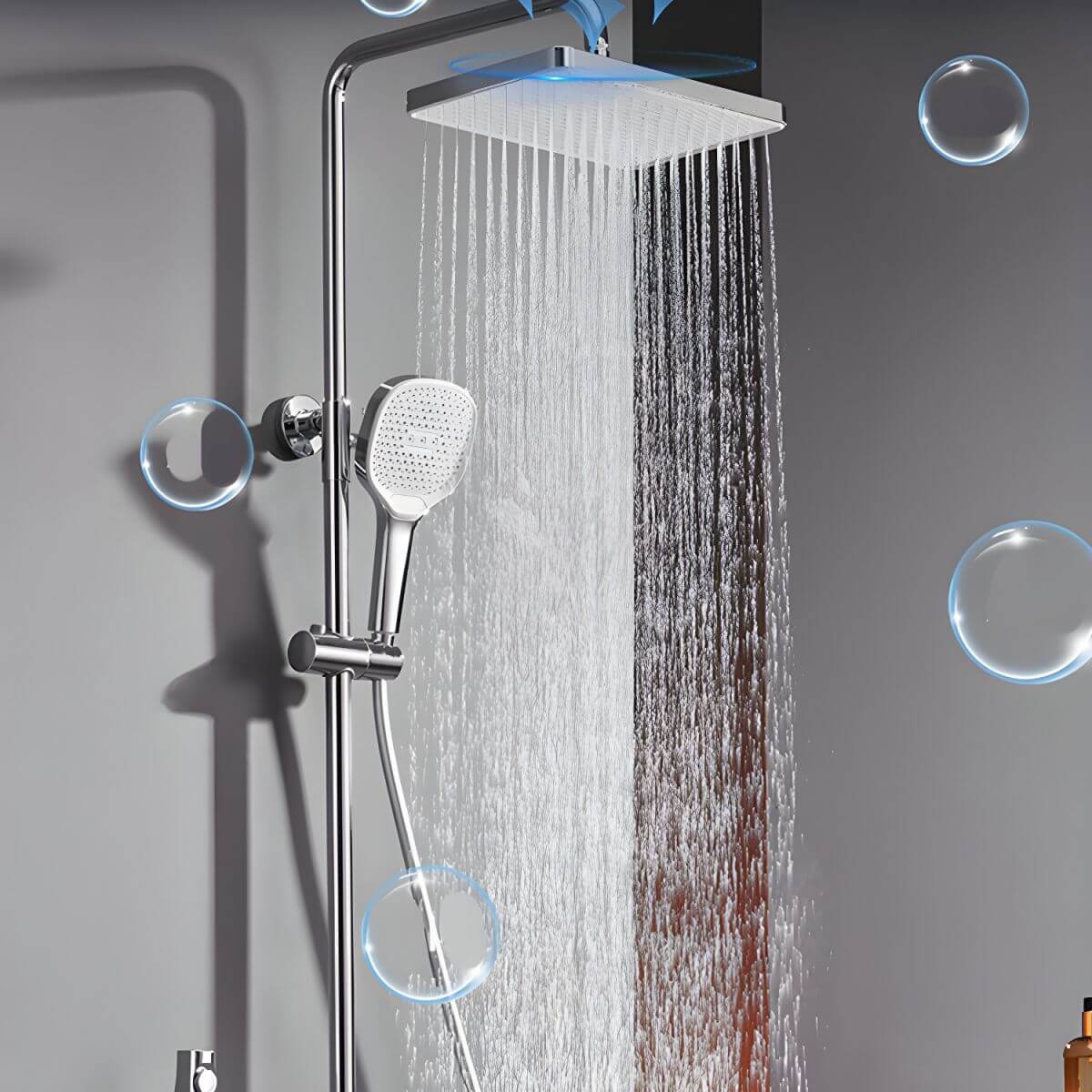 Modern shower system in silvery white finish