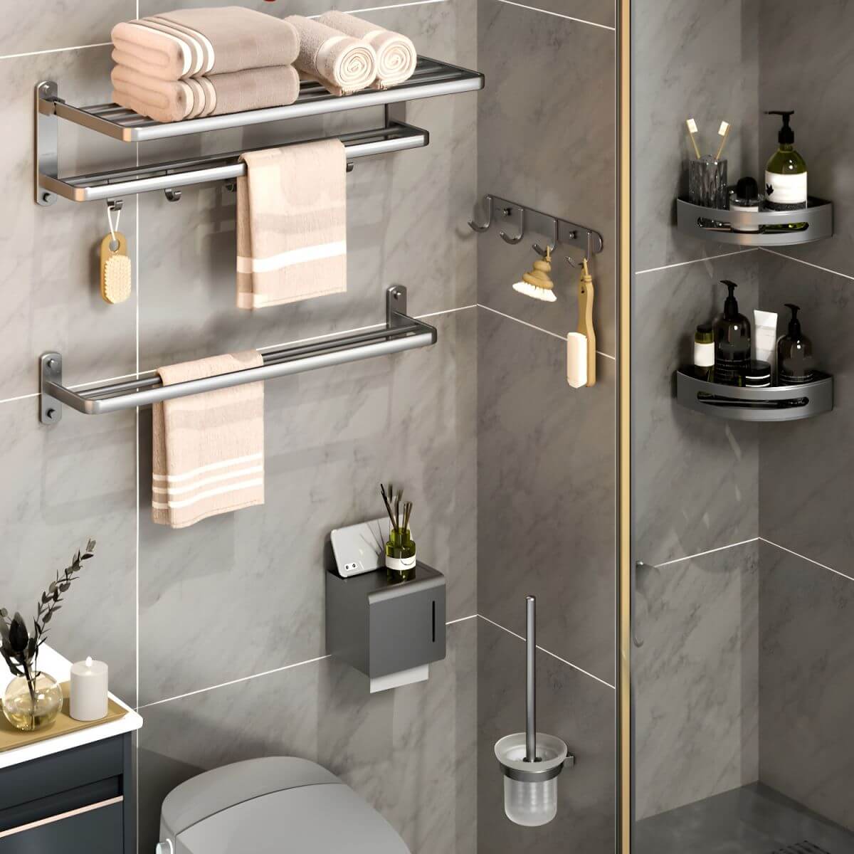 Complete 7-piece aluminum bathroom accessory collection