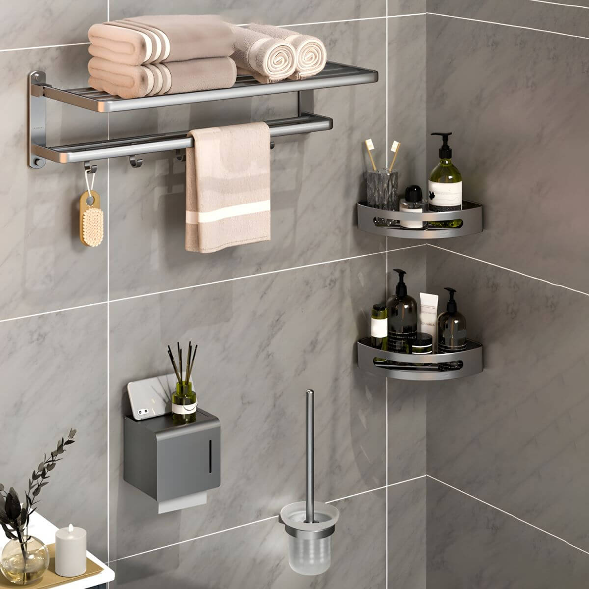 3-piece bathroom accessory set on display