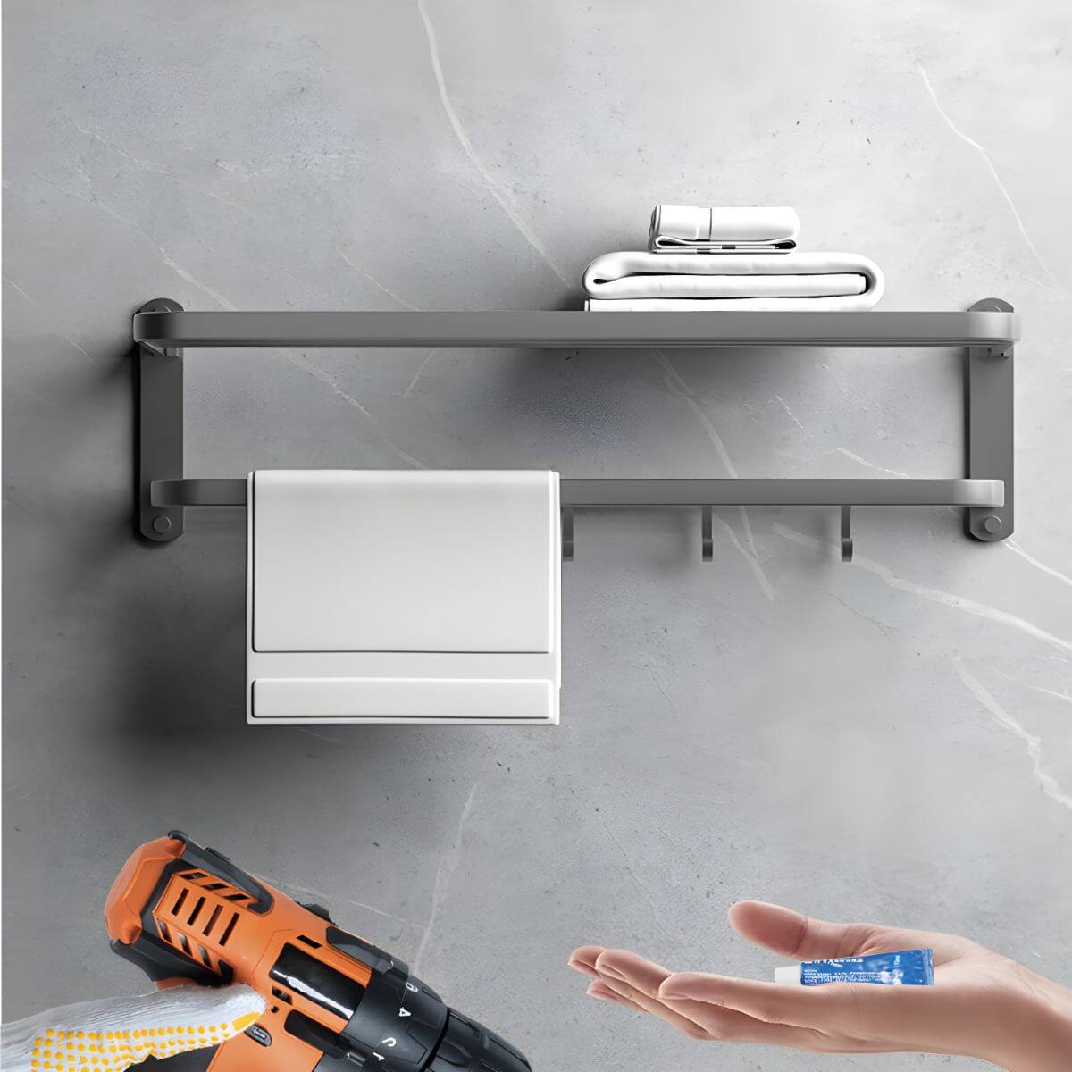 5-piece grey bathroom accessory set organized on wall