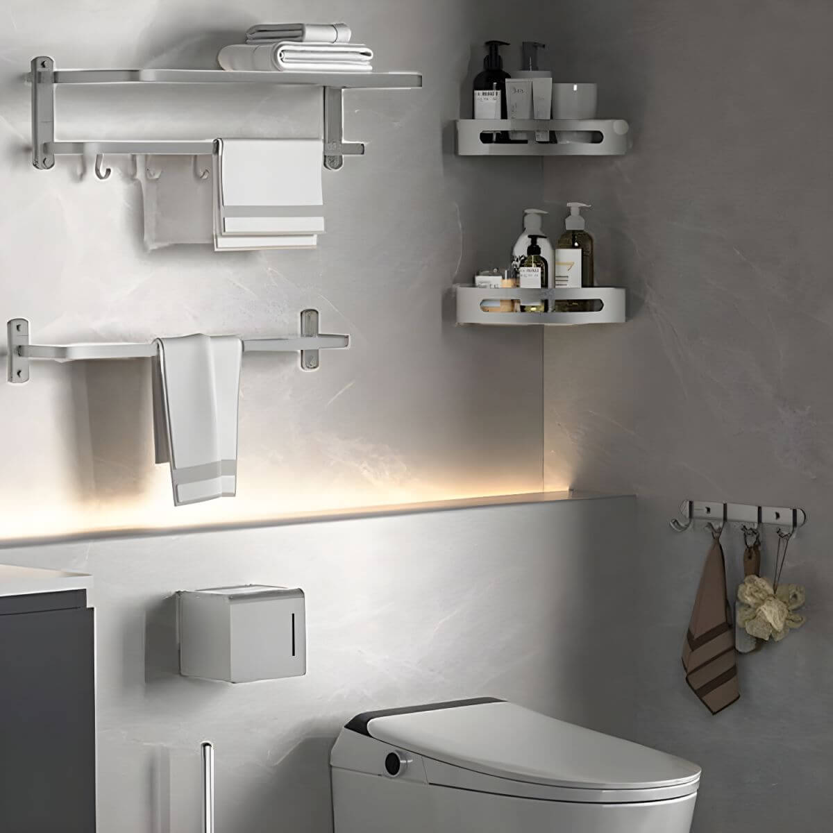 3-piece bathroom accessory set on display