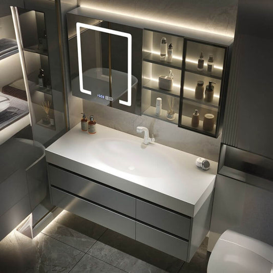 Modern bathroom vanity with shelf and ceramic countertop