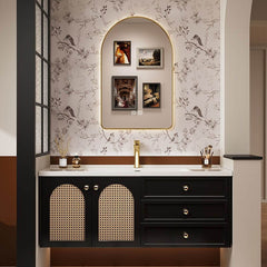 Wide view of bathroom featuring 60-inch black vanity