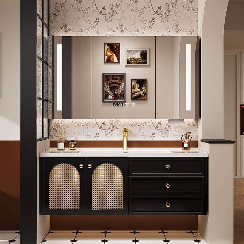 Modern bathroom setup with black vanity and smart mirror